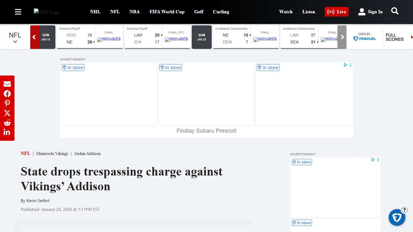State drops trespassing charge against Minnesota Vikings' Jordan Addison